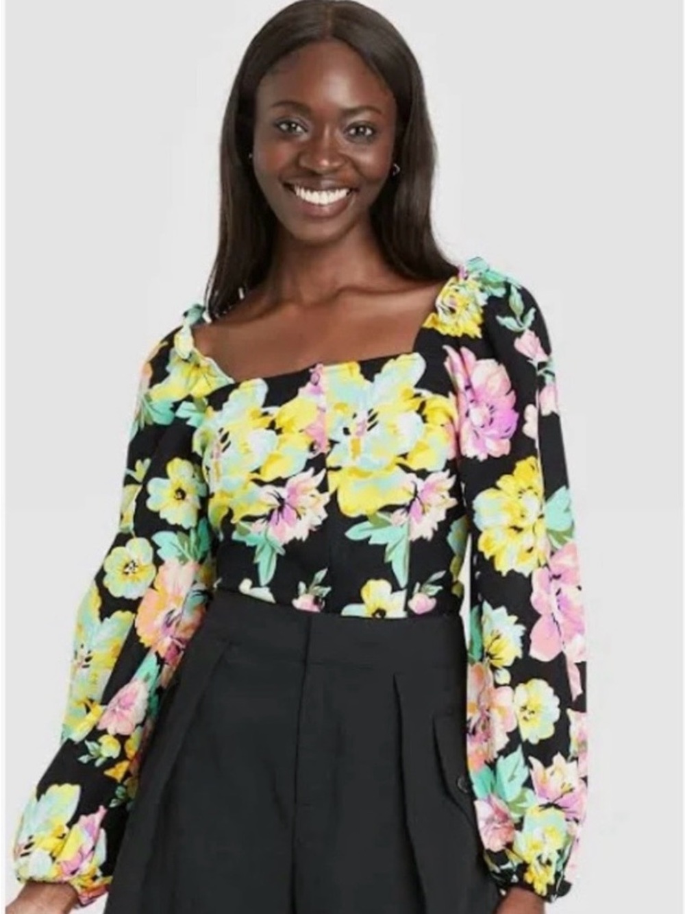 Who What Wear Black Floral Square-Neck Linen Blouse with Pastel Blooms